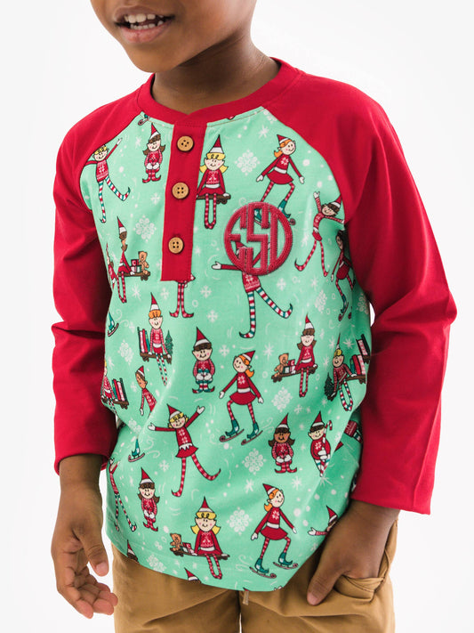 Boys Elf Buddies Long Sleeve Raglan Henley Tee