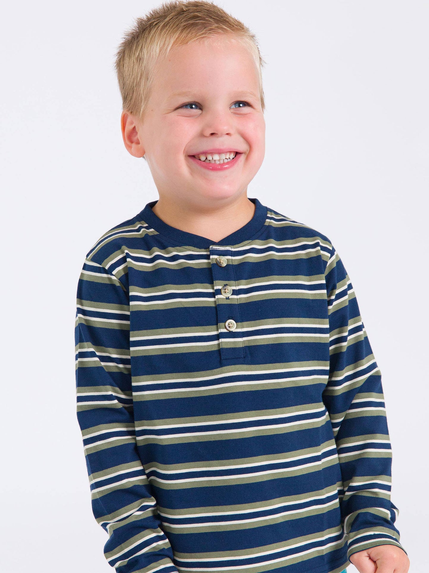 Boys Dark Navy & Olive Stripe Knit Long Sleeve Henley Tee