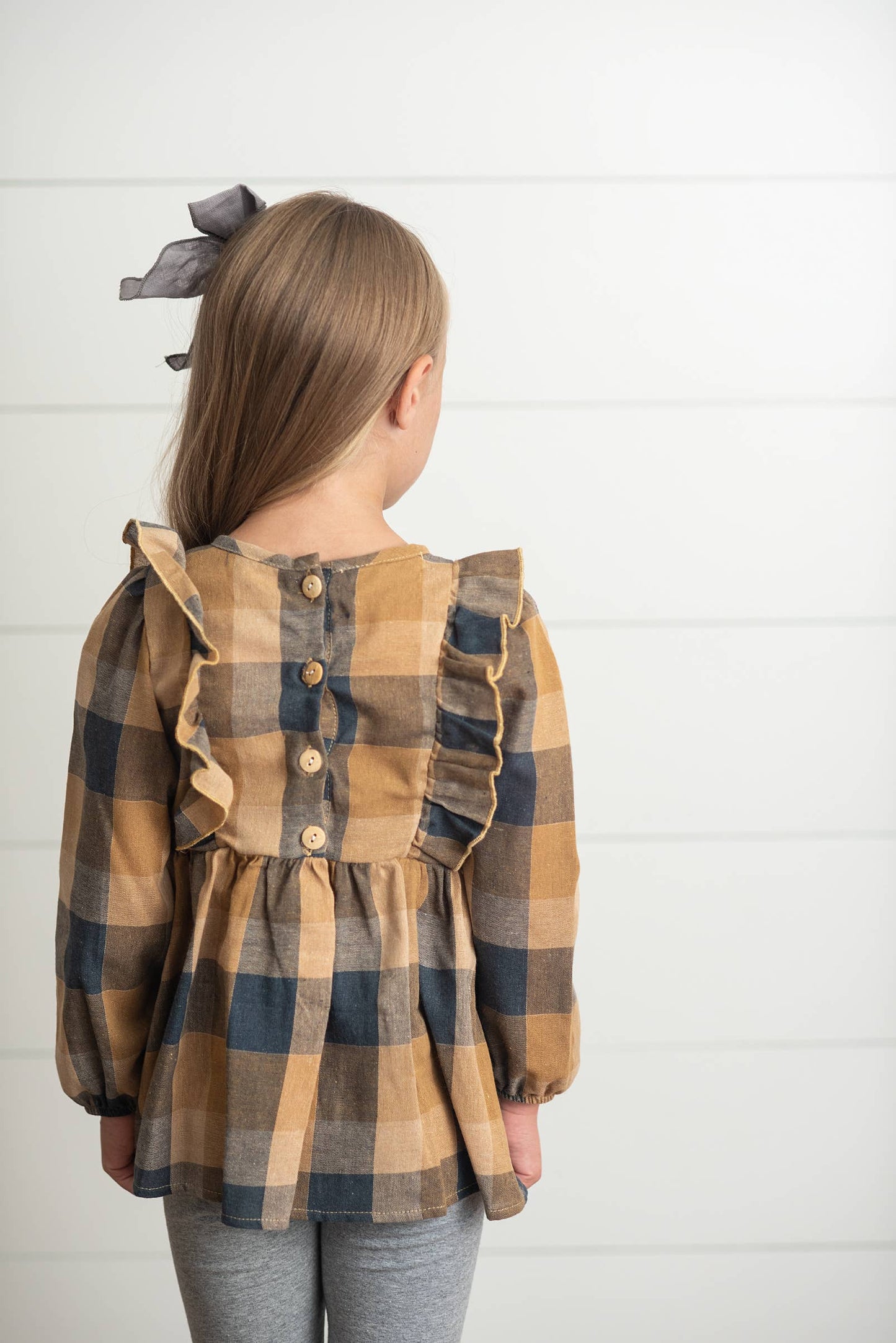 Girls Mustard & Gray Plaid Ruffle Button Set