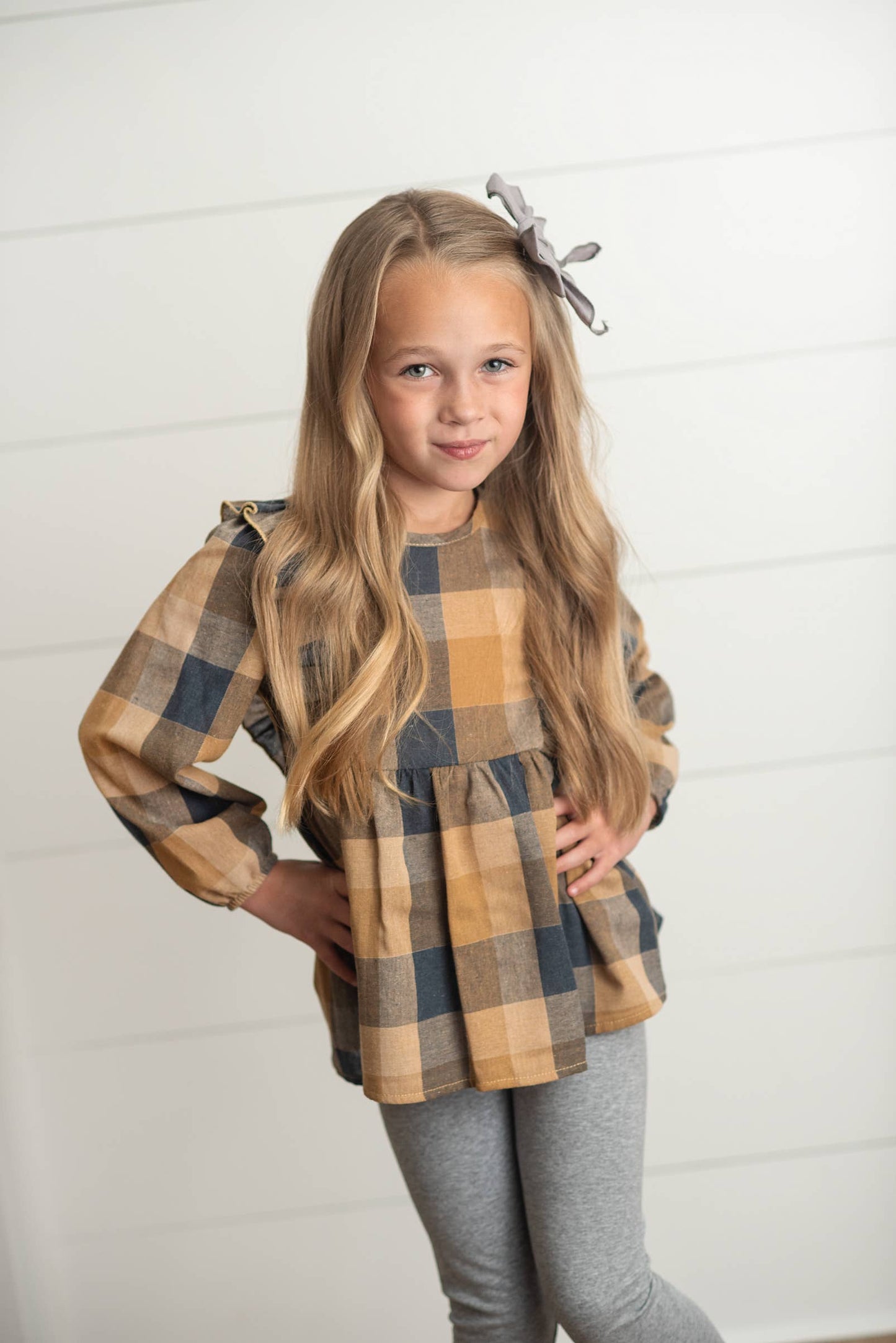 Girls Mustard & Gray Plaid Ruffle Button Set