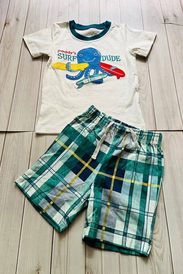 Daddy's Surf Dude White and Green Checkered Shorts Set