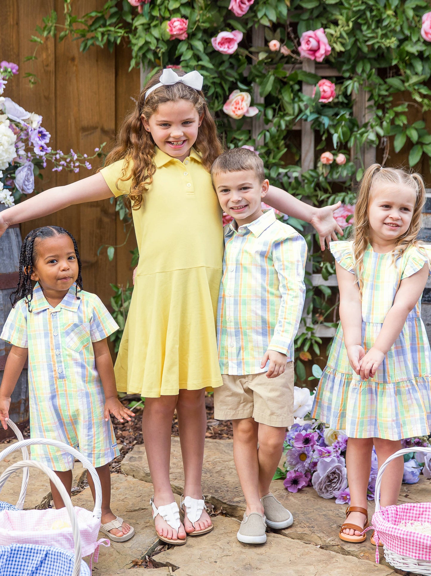 Baby Boys Clubhouse Rainbow Plaid Short Sleeve Woven Button-Up Romper