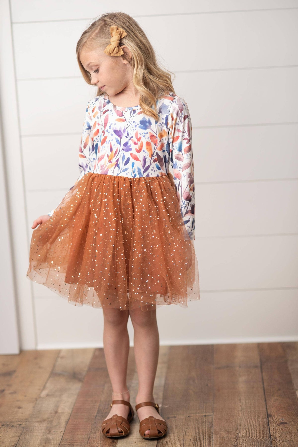Autumn Floral Print Tulle Sparkle Dress