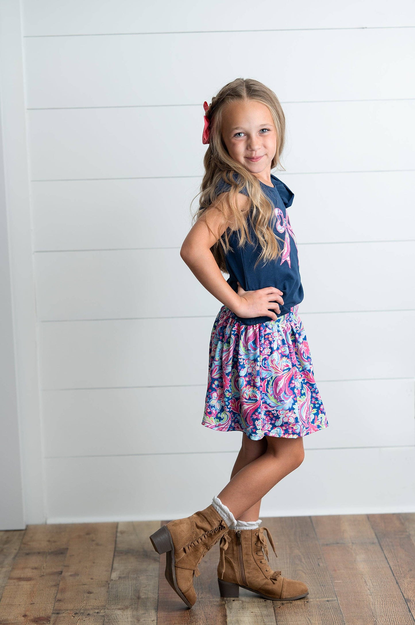 Girls Navy Pink Floral Bow Spring Summer Skort Set