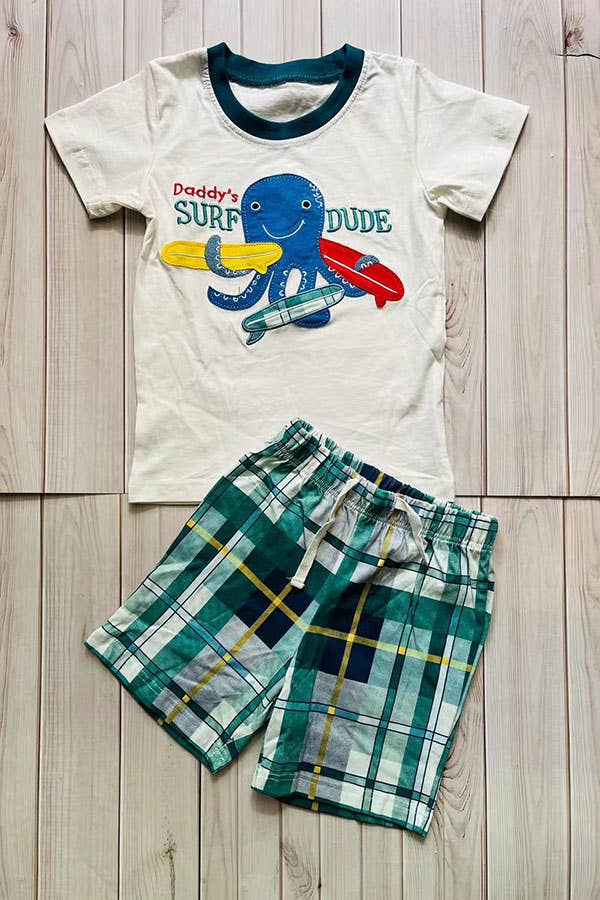 Daddy's Surf Dude White and Green Checkered Shorts Set
