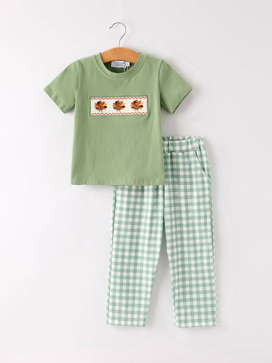 Fall Thanksgiving Smocked Embroidered Green Plaid Boys Set