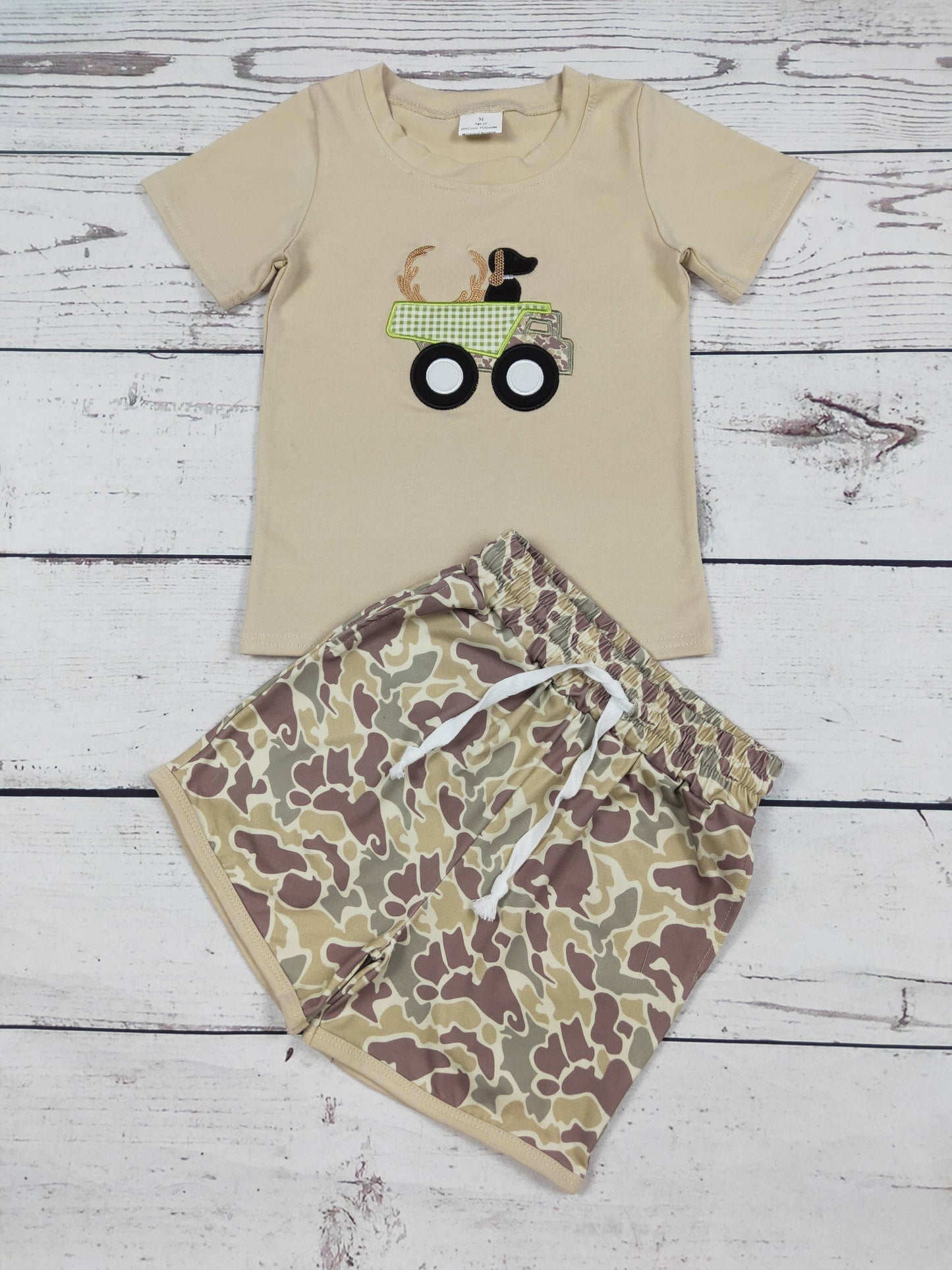 Boy Appliqué Top & Camo Shorts Set