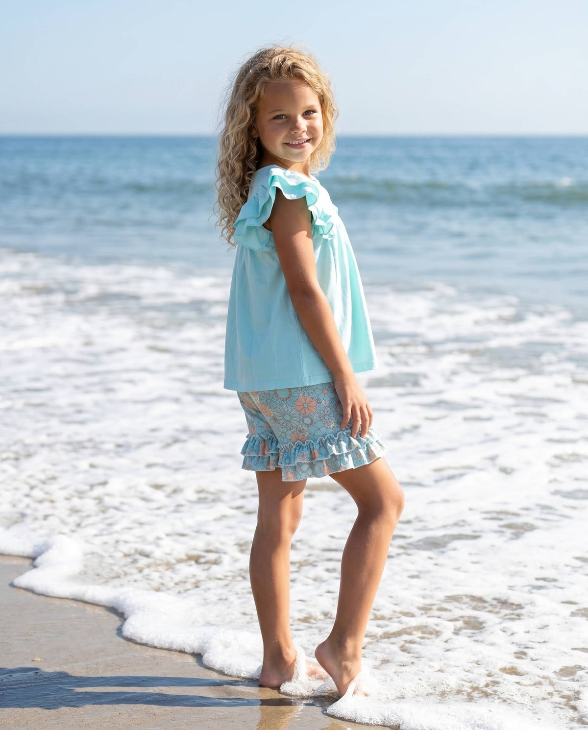 Light Teal Floral Ruffle Short Set