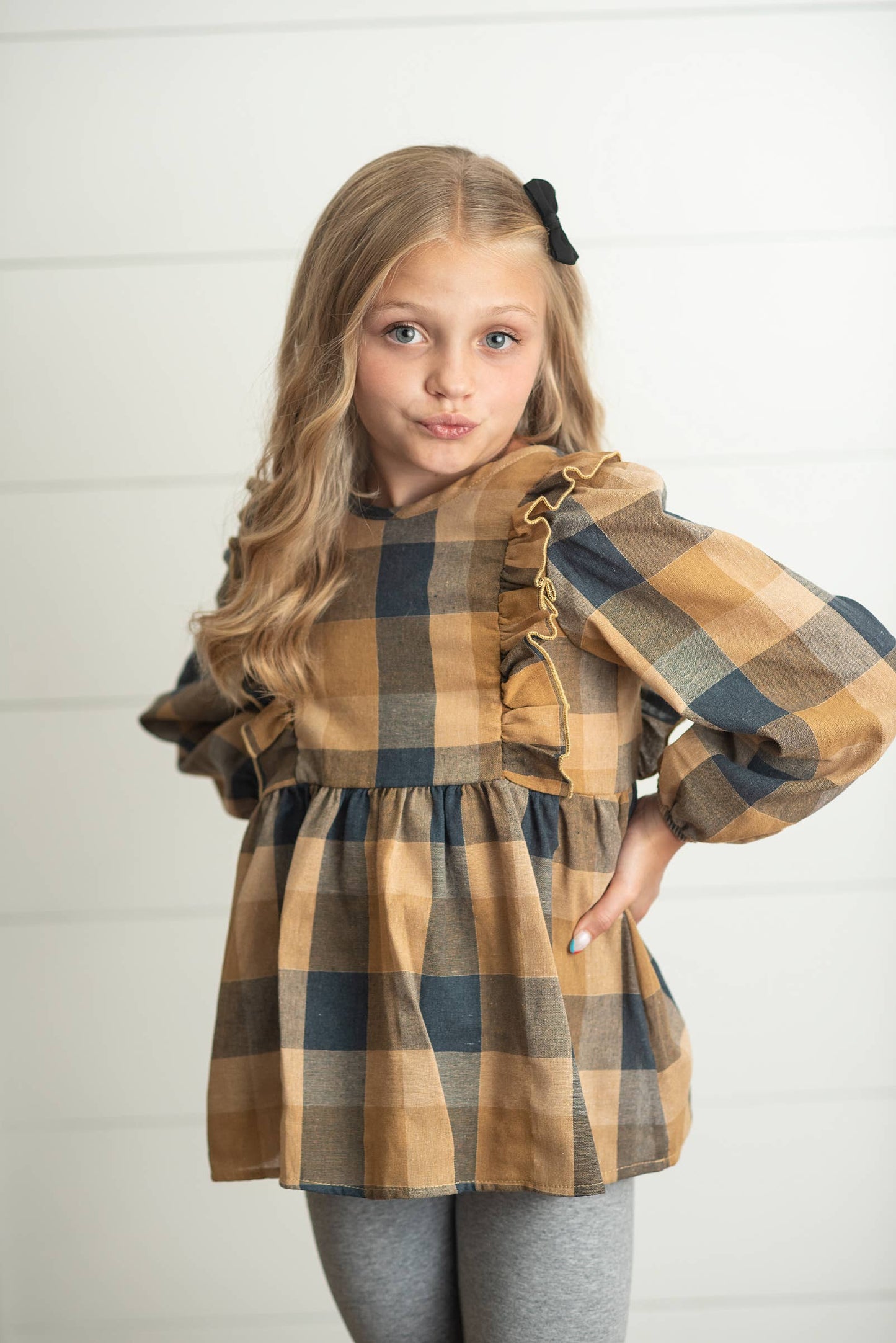 Girls Mustard & Gray Plaid Ruffle Button Set