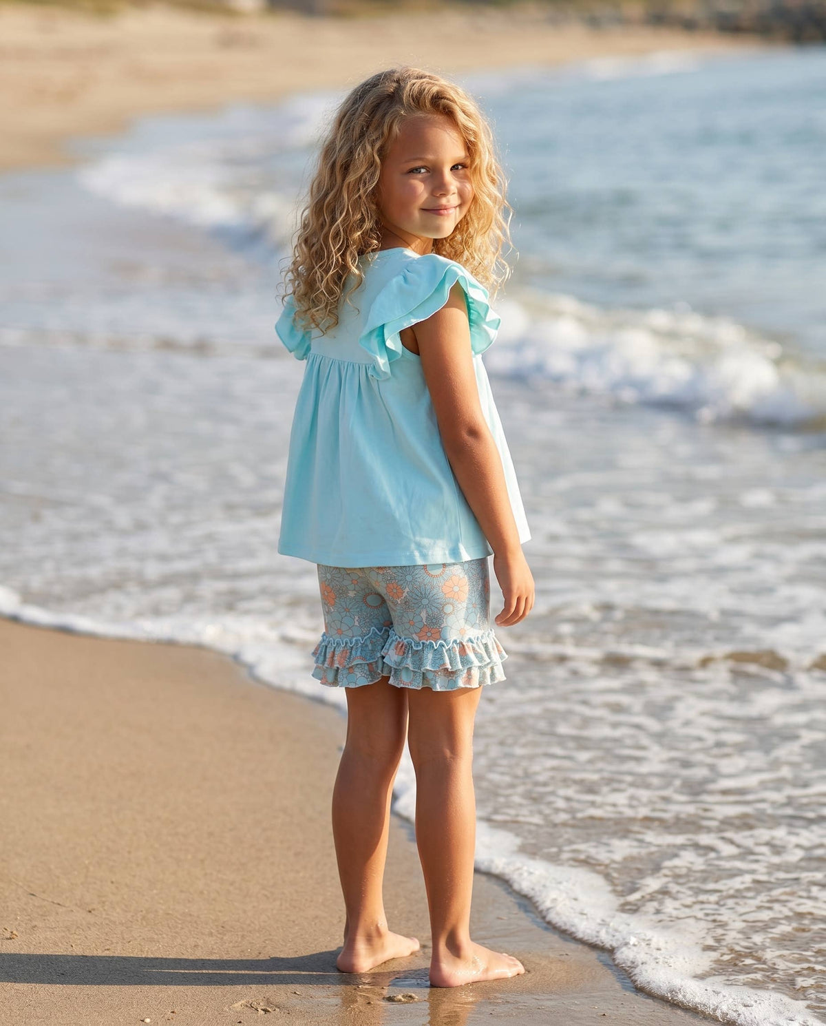 Light Teal Floral Ruffle Short Set