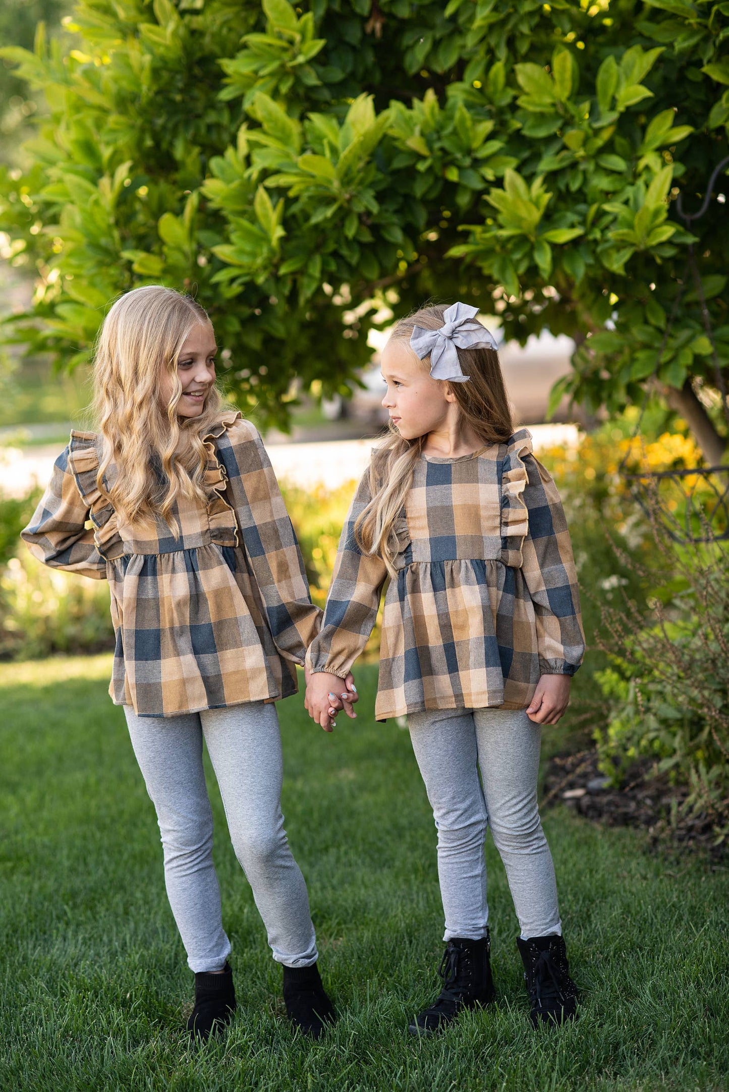 Girls Mustard & Gray Plaid Ruffle Button Set