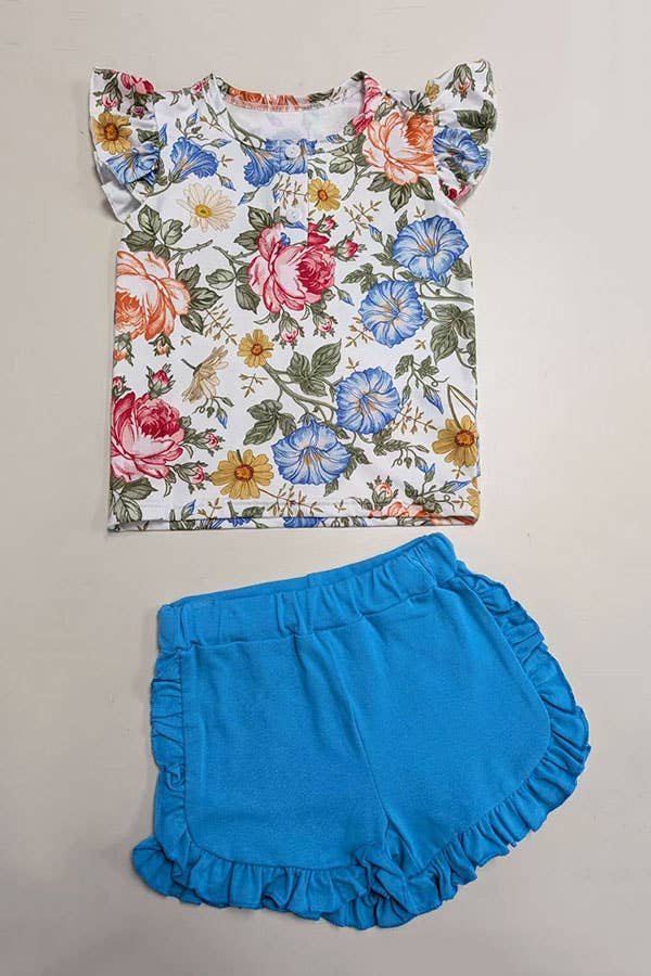 Floral Top & Blue Shorts Set