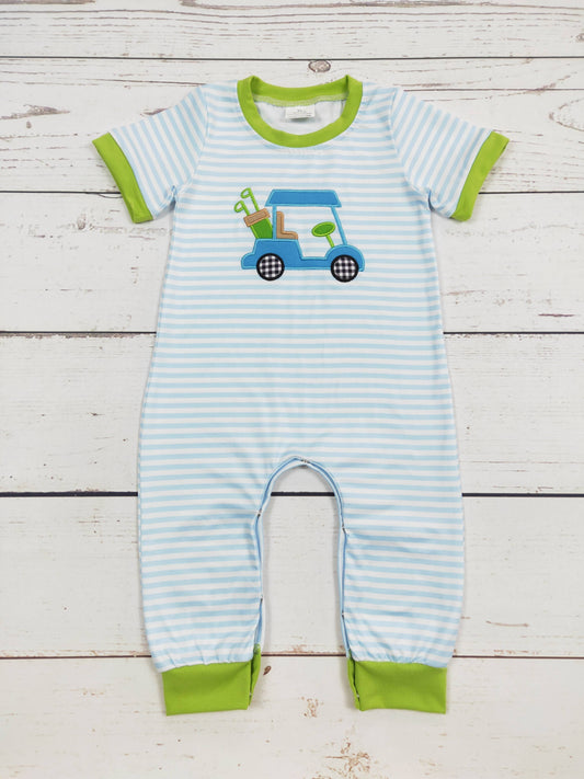 Baby Boy Golf Cart Appliqué Stripe Romper