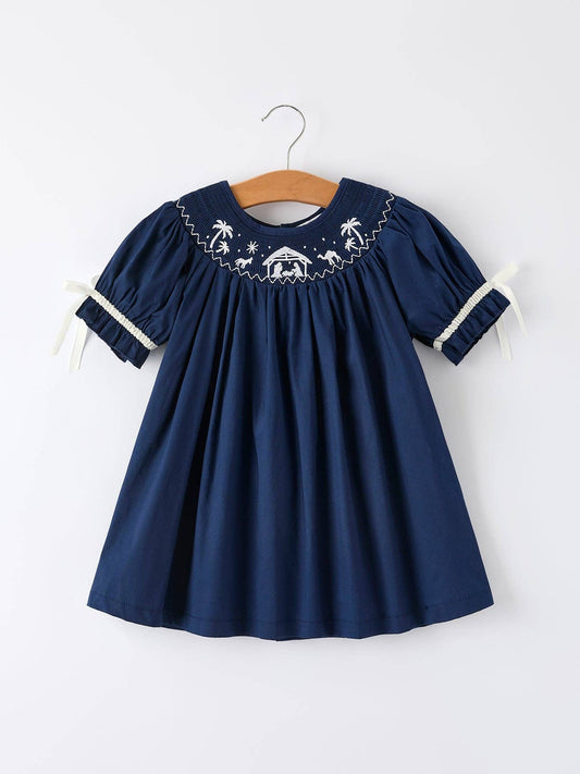 Christmas Navy Blue Nativity Smocked Embroidered Dress