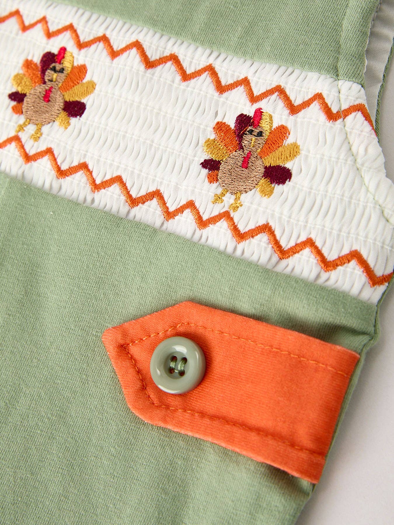 Fall Thanksgiving Turkey Smocked Embroidered Green Boys Romper