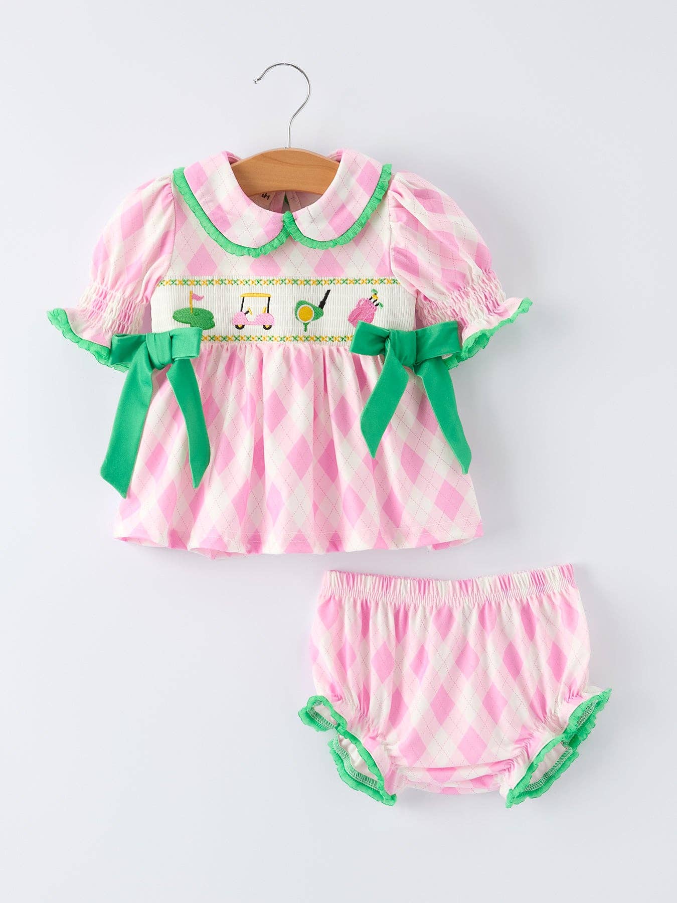 Golf Embroidered Baby Girls Smocked Bow Bloomer Set