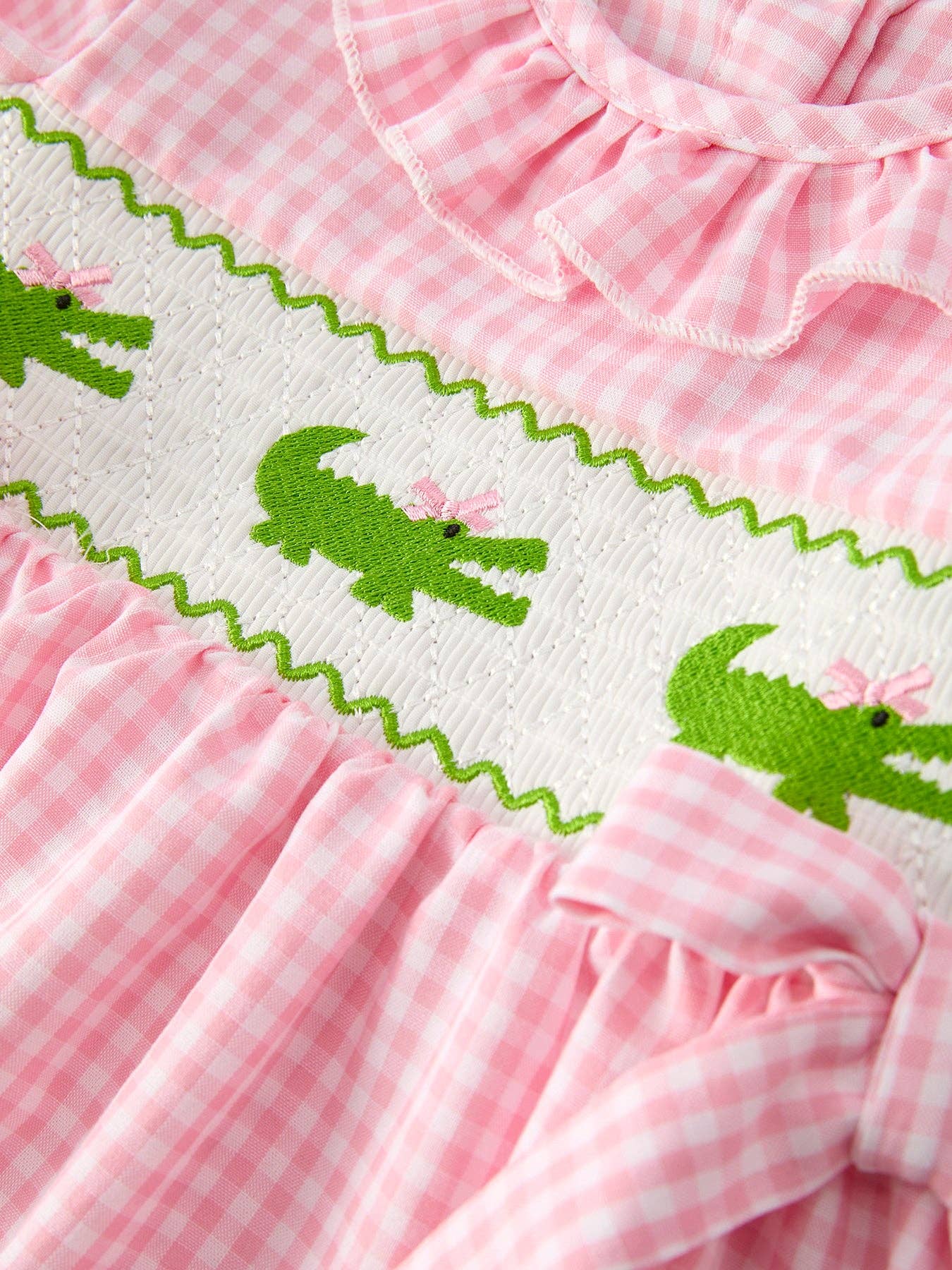 Girls Crocodile Embroidered Smocked Dress