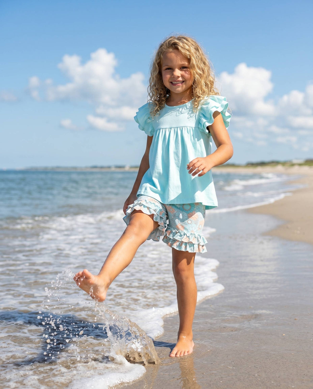 Light Teal Floral Ruffle Short Set