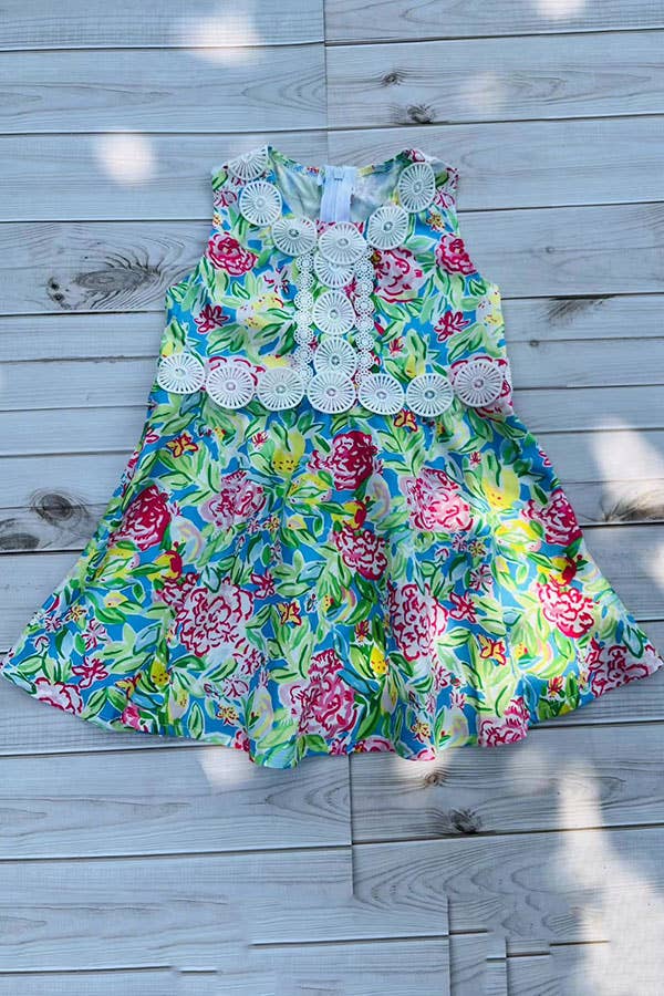 Girls Floral Print & White Lace Trim Dress