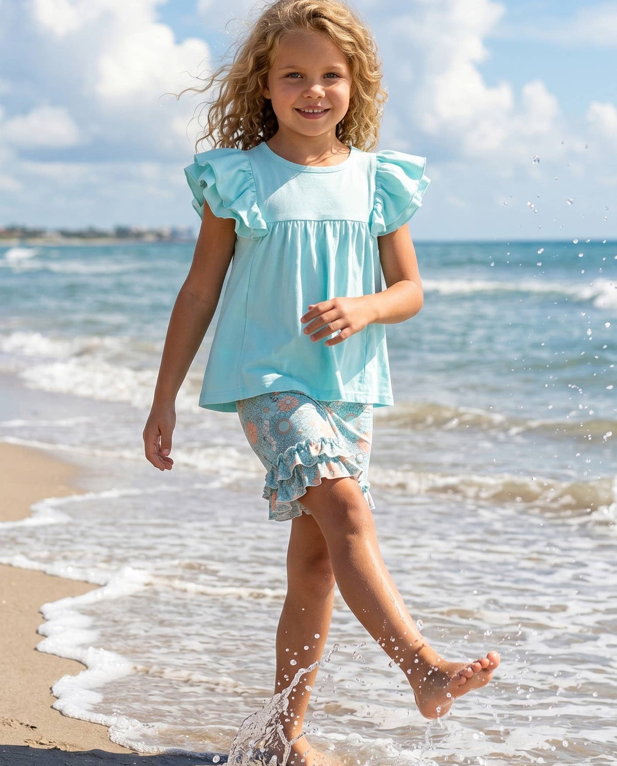 Light Teal Floral Ruffle Short Set