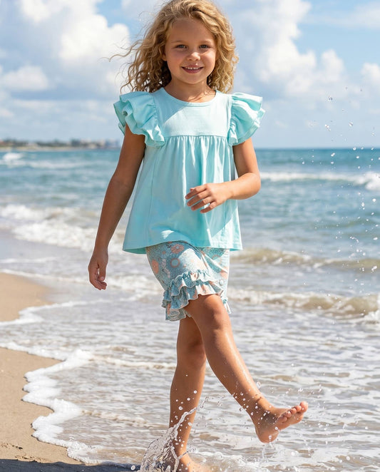 Light Teal Floral Ruffle Short Set