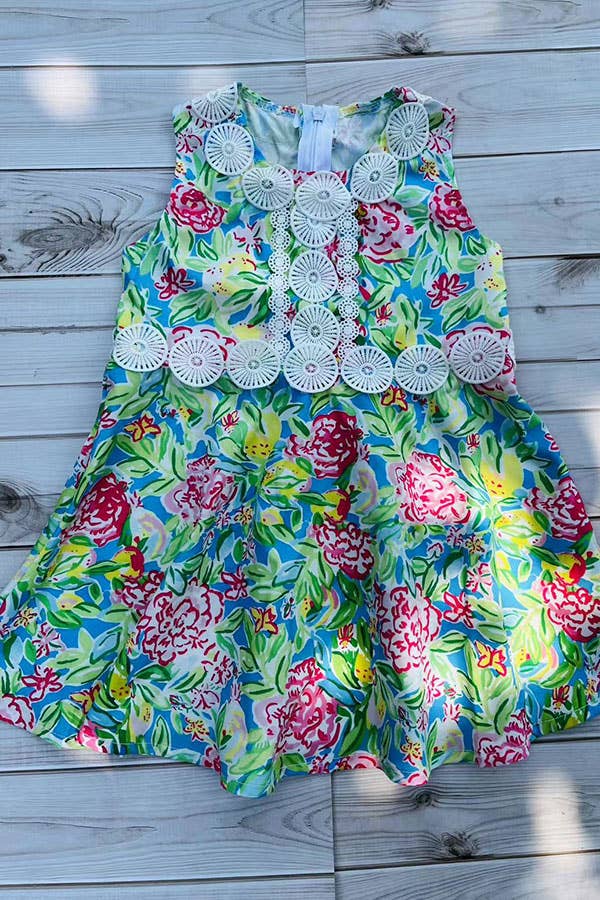 Girls Floral Print & White Lace Trim Dress