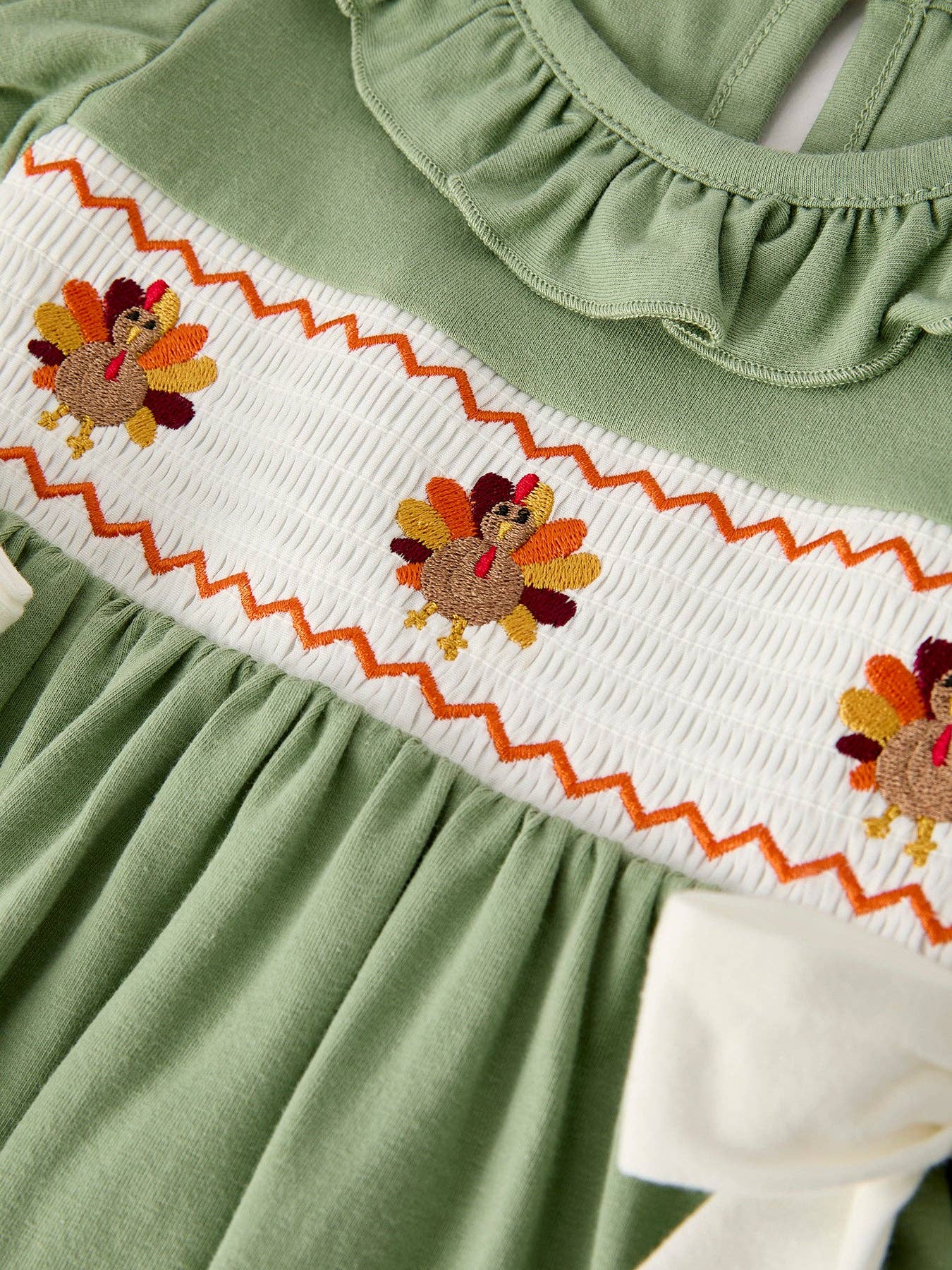 Fall Thanksgiving Smocked Embroidered Green Dress