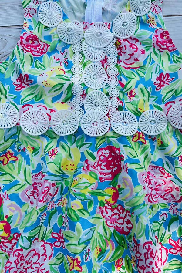 Girls Floral Print & White Lace Trim Dress