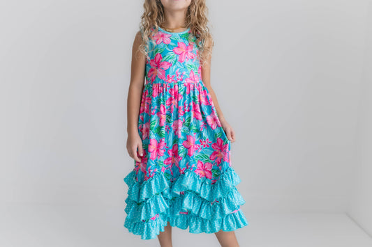 Kids Pink Blue Tropical 3 Ruffle Spring Summer Easter Dress