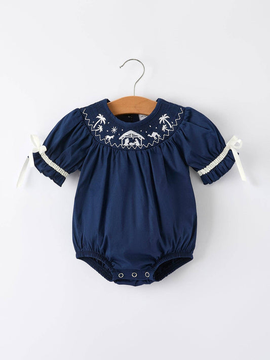 Navy Blue Nativity Smocked Embroidered Baby Girls Christmas Romper