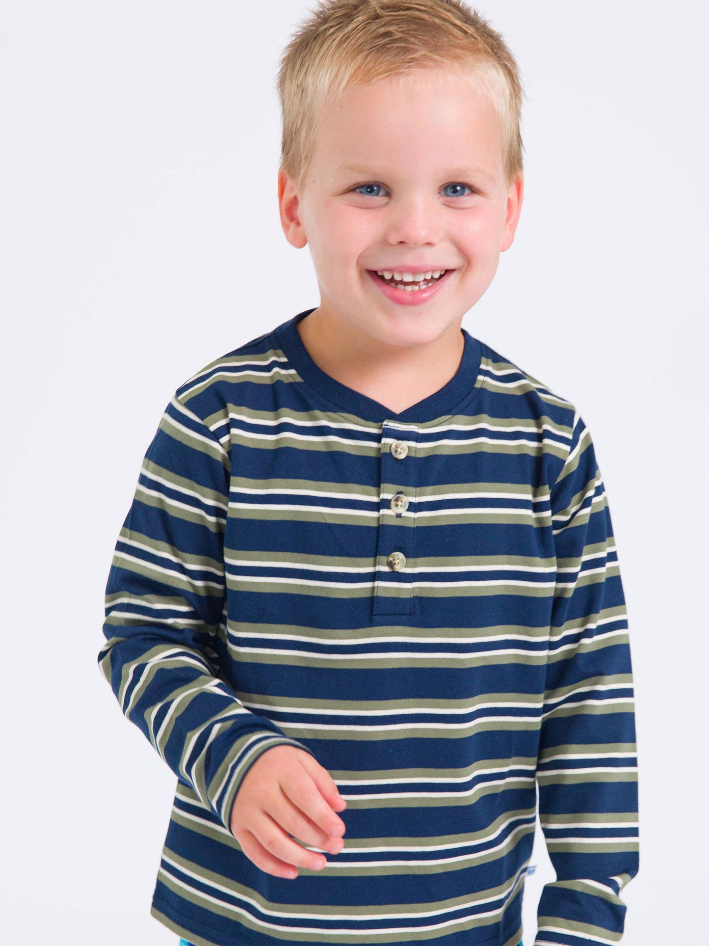Boys Dark Navy & Olive Stripe Knit Long Sleeve Henley Tee