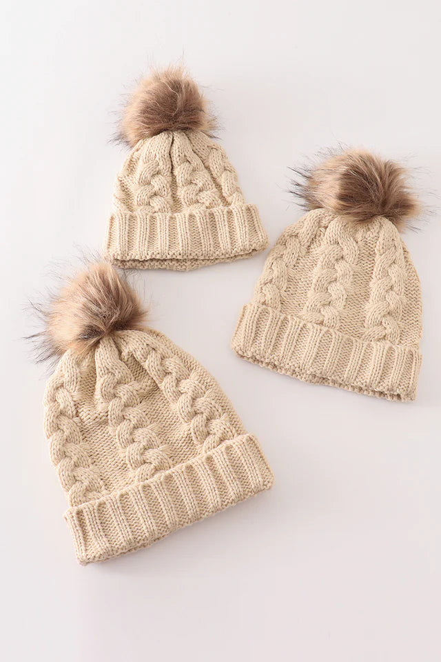 Beige Pompom Cable Beanie - Adults