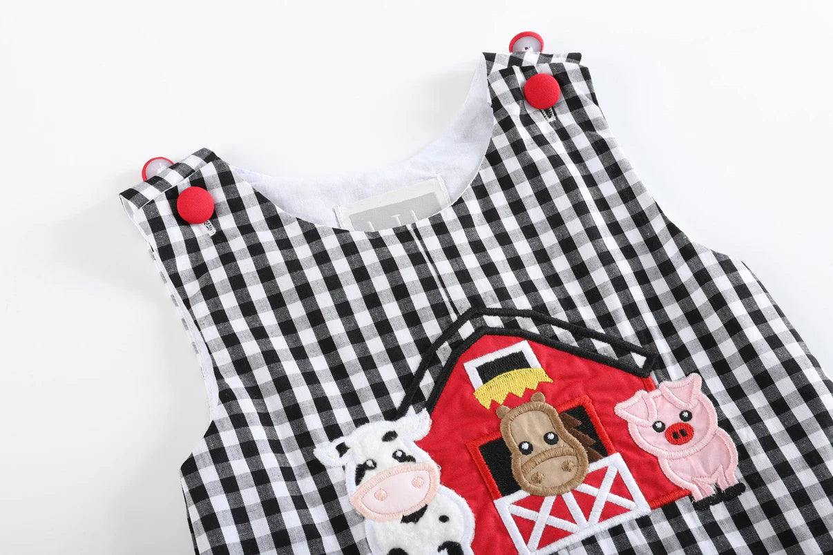 Black Gingham Barn Scene Baby Overalls