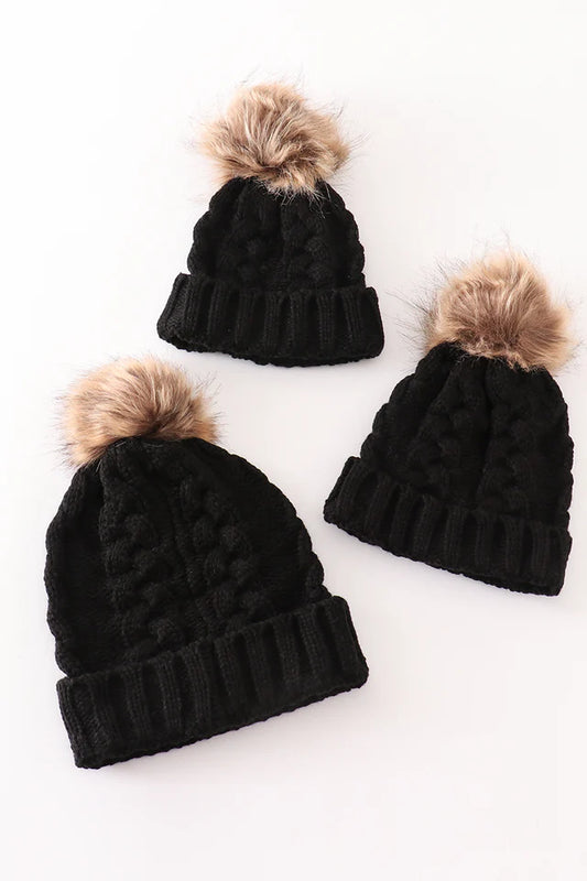 Black Pompom Cable Beanie - Kids