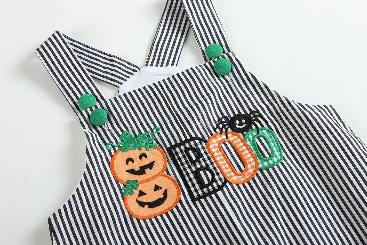 Black Stripe Pumpkin "Boo" Overalls