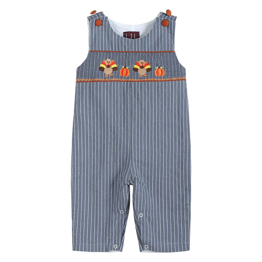 Blue-Gray Stripe Turkey Smocked Overalls