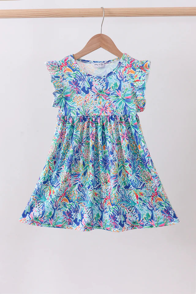 Blue Floral Ruffle Dress