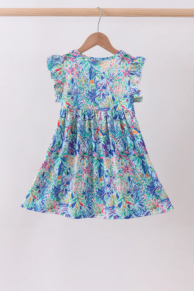 Blue Floral Ruffle Dress