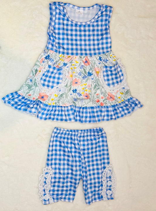 Blue Plaid Flower Shorts Outfit