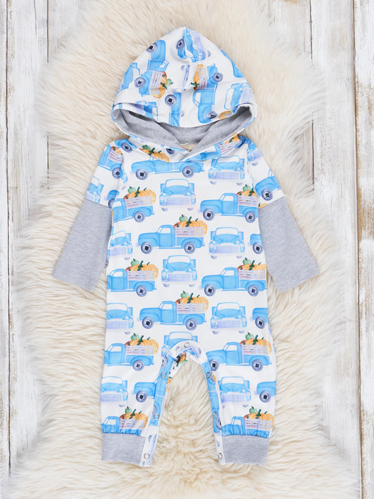 Blue and Grey Pumpkin Truck Hoodie Romper