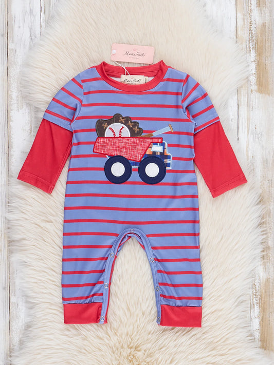 Blue and Red Striped Baseball Truck Romper