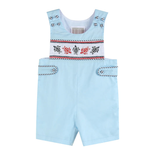 Blue & Red Turtle Applique Smocked Shortalls