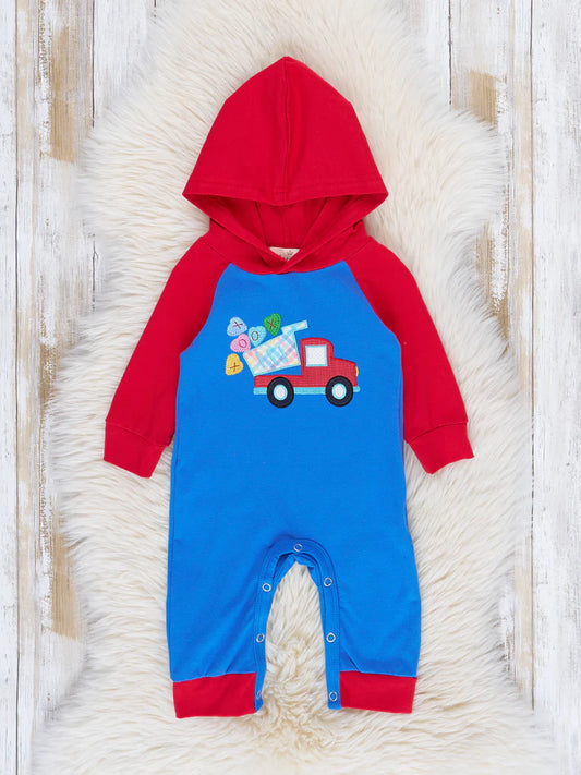 Blue and Red Raglan Candy Hearts Truck Hoodie Romper