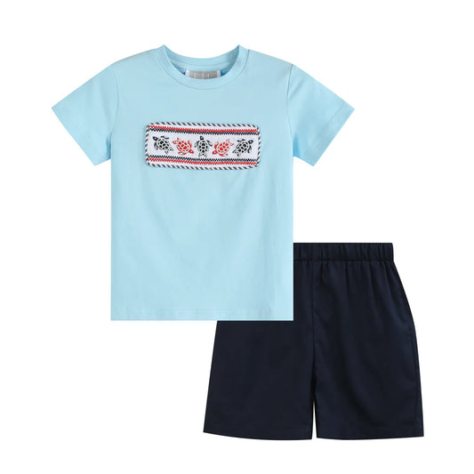 Blue and Red Turtle Smocked Applique Crewneck Tee and Navy Shorts