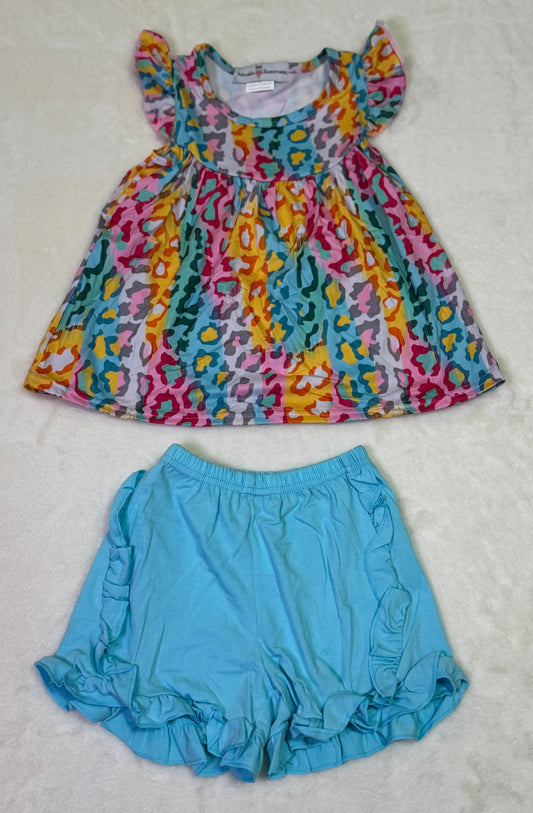 Bright Rainbow Leopard Ruffle Short Set