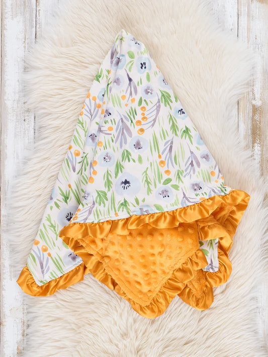 Bright Yellow and Blue Blooms Ruffle Minky Blanket