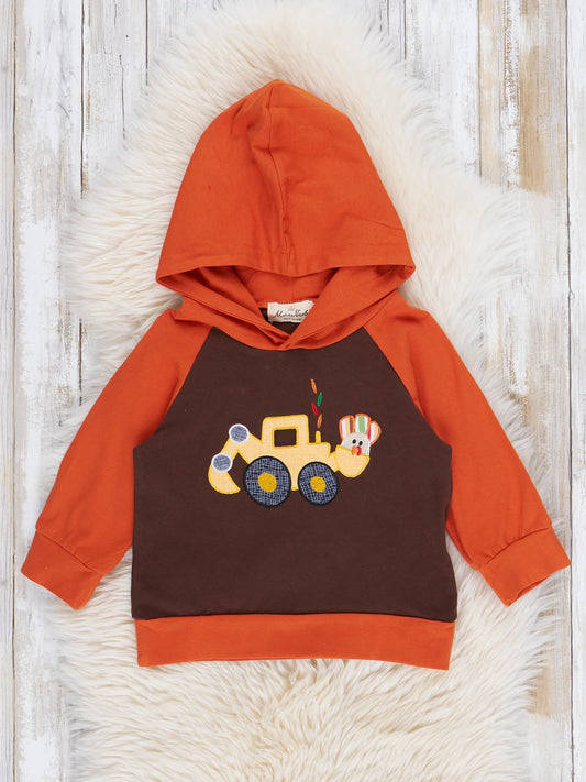 Brown and Orange Embroidered Turkey Excavator Hoodie