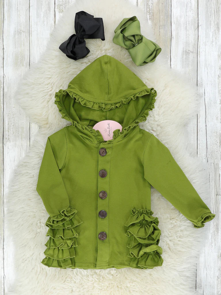 Cotton Ruffle Hooded Cardigan - Olive