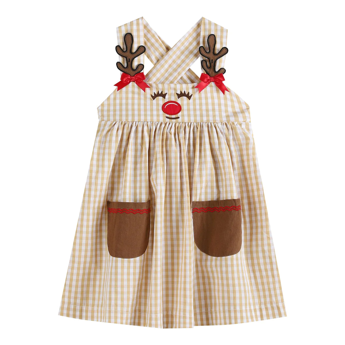 Fawn Brown Gingham Reindeer A-Line Dress