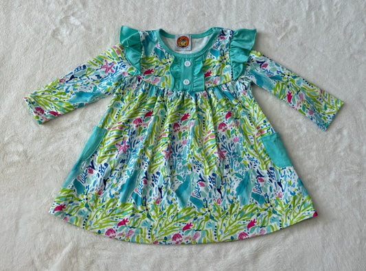 Green Floral Print Ruffle Pocket Dress